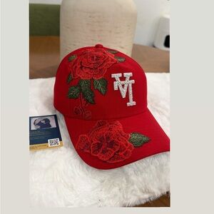 Red Custom Dodger SnapBack Hat with Floral Embroidery and Logo